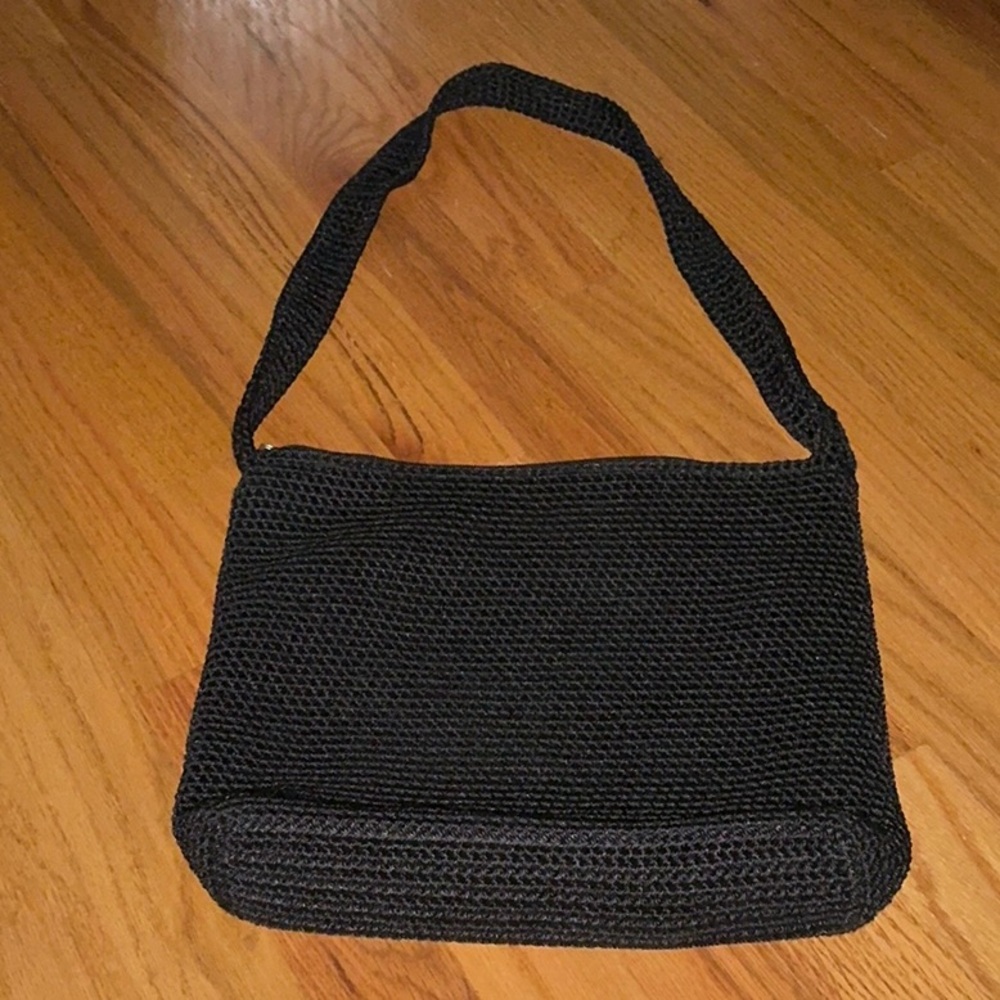 The Sak Crochet Knit Small Shoulder Bag Purse Zip Closure Black